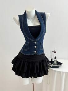 Elamini Women's Casual Sleeveless Denim Jacket, Summer - Dark Wash - View 1