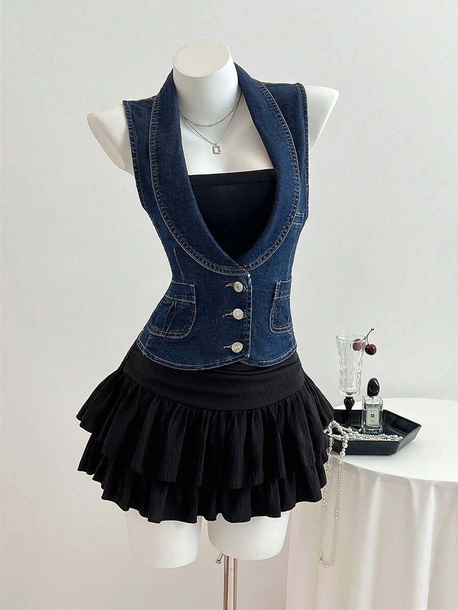 Elamini Women's Casual Sleeveless Denim Jacket, Summer - Dark Wash - View 1