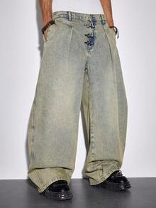 ROMWE MEN Street Life Men's Washed Distressed Pleated Casual Flared Jeans - Blue - View 3