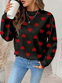 SHEIN LUNE Casual Vintage Elegant Commute Versatile Warm Valentine's Day Couple Outfit Red & White Small Heart Print Pattern, Comfortable Loose Fit Crew Neck Long Sleeve Sweatshirt For Women, Suitable For Autumn/Winter - Multicolor - View 5