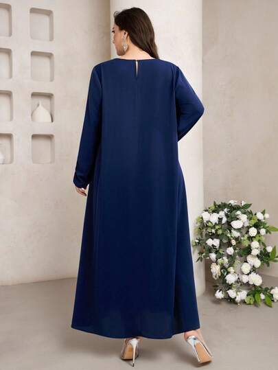 Veilorie Plus Size Elegant Faux Pearl & Rhinestone Decor Loose Fit Dress, Autumn Kaftan Jalabiya Dress