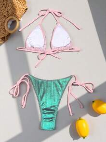 Swim SXY Spring/Summer Women's Swimsuit Set, Pink Mesh Sequin Embellished Bikini Triangle Cup Swimwear, Sexy Beach Outfit With Tie-Up Design - Pink - View 5