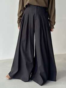 FRIFUL Pantalones casuales anchos de mujer con bolsillos plisados de unicolor - Negro - Ver 6