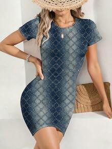 EMERY ROSE Women's Round Neck Diamond Pattern Rhinestone Embellished Waist Cinched Elegant Mini Dress, Suitable For Dates And Parties - Multicolor - View 1