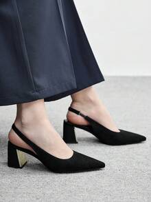 CUCCOO BIZCHIC 女士尖头粗跟黑色绒面革后系带露跟高跟鞋，时尚舒适，通勤商务百搭，春季必备鞋款 - 黑色絨料 - 查看 5