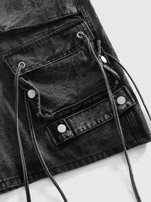 ROMWE MEN Men's 3D Pocket Cargo Denim Shorts Spring/Summer - Grey - View 4