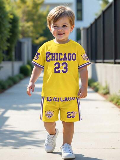 SHEIN 两件套男童休闲时尚经典Y2K风格短袖T恤和短裤，印有英文“BOSTON”图案，运动号码23，宽松舒适，适合春夏穿着。