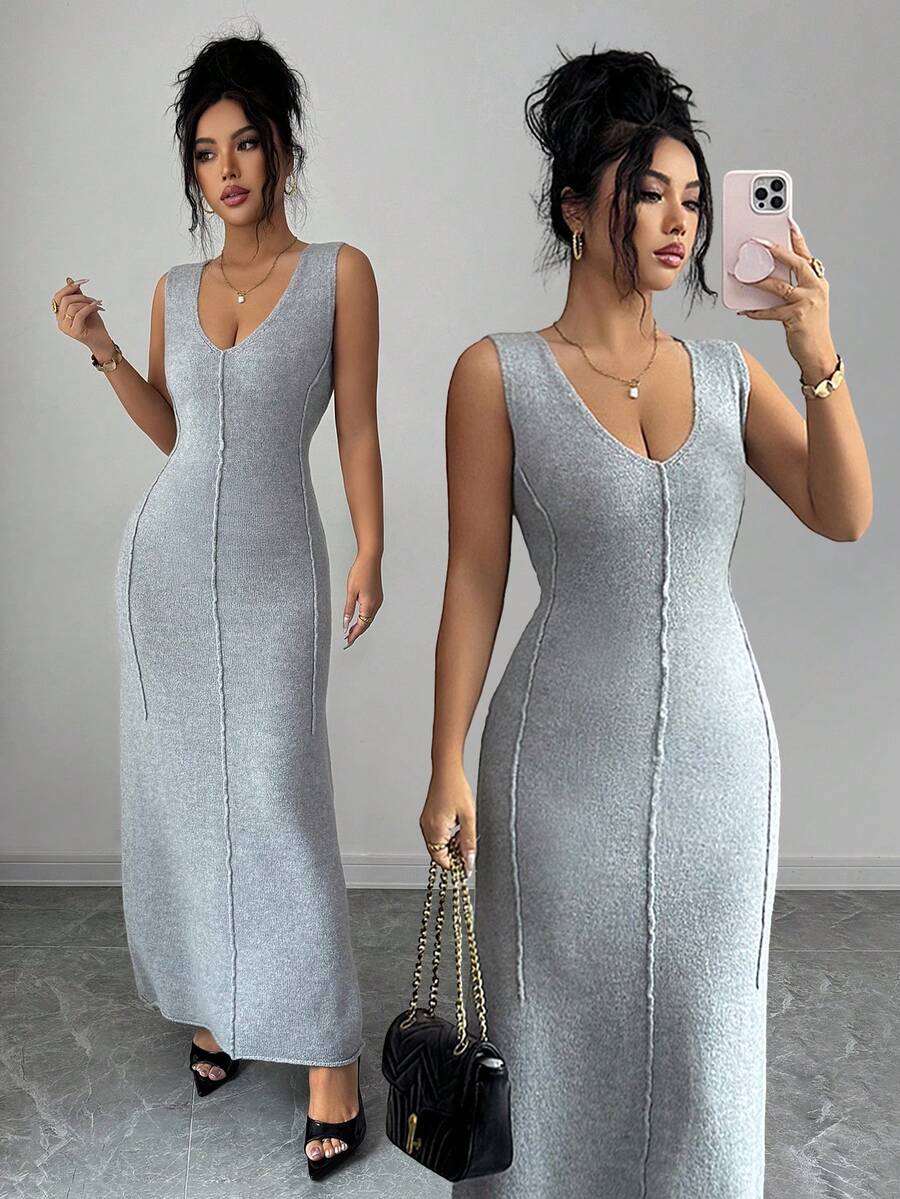 SHEIN Raffinéa Women's Grey V-Neck Sleeveless Fashionable Minimalist Versatile Knit Dress, Spring/Summer - Grey - View 1