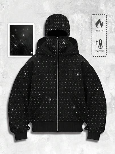 Street Life Felpa con cappuccio con decorazioni di strass alla moda, con tasche, felpa con cappuccio con zip davanti, per uomo, autunno inverno