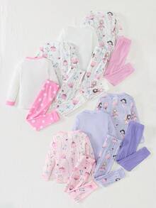 7pcs/Set Random 2pcs Girls Cute Floral & Fairy Print Fitted Long Sleeve Top And Pants Homewear Set - Multicolor - View 2