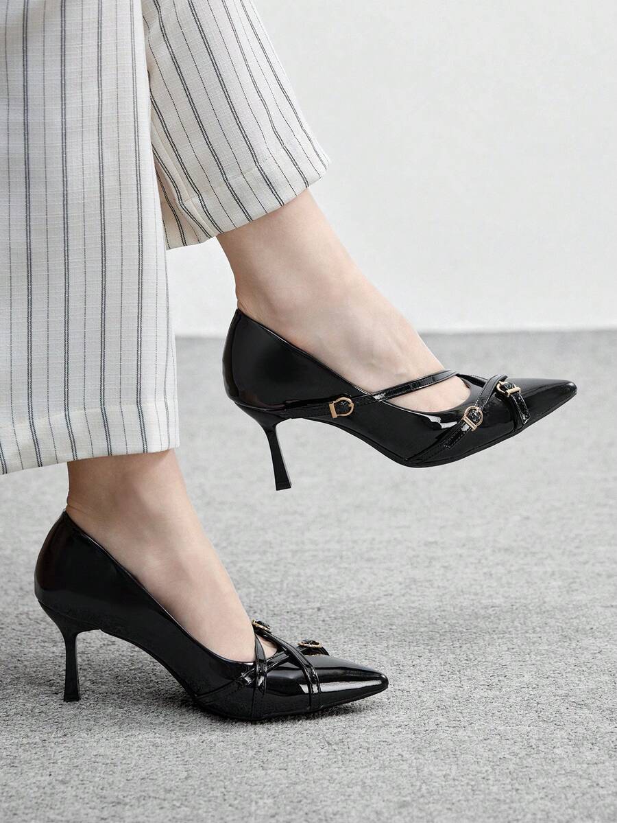 CUCCOO BIZCHIC 杏色多带尖头高跟鞋,性感细高跟女鞋,适合户外、通勤、派对、圣诞宴会等场合 - 黑色 - 查看 1
