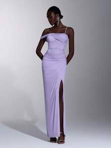 Elitara Robe de soirée maxi élégante et luxueuse pour femmes, en dentelle violette avec patchwork, tricot élastique, bretelle ajustable à une épaule, fente sexy haute - Mauve - Voir 3