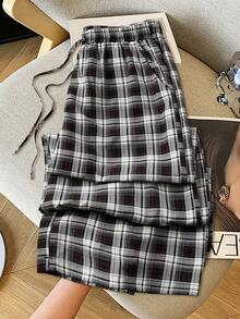 GlowEve Women's Plaid Wide Leg Pants, Elastic Waist Relaxed Fit High-Rise Casual Straight Trousers, Spring/Summer - Black and White - View 1