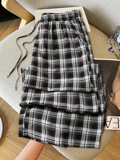 GlowEve Women's Plaid Wide Leg Pants, Elastic Waist Relaxed Fit High-Rise Casual Straight Trousers, Spring/Summer