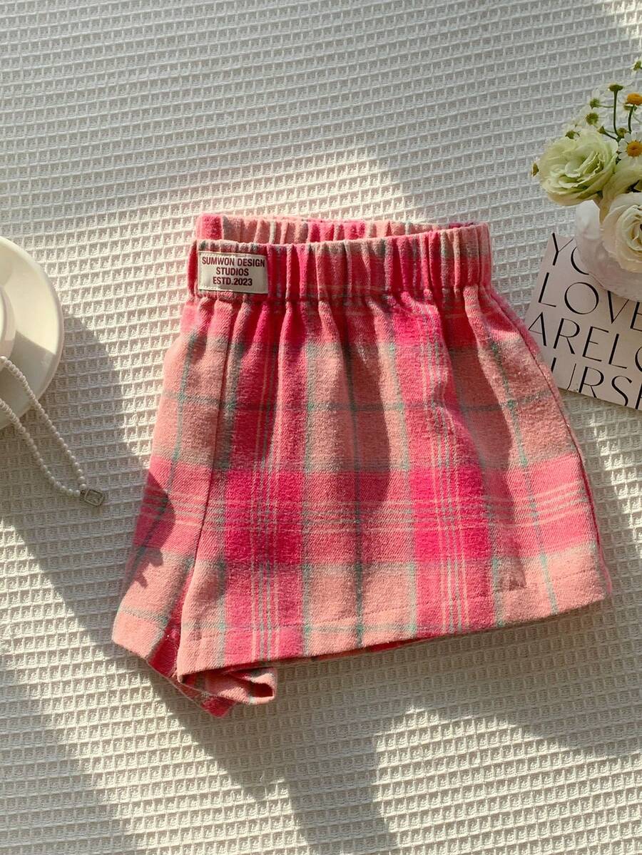 CovetEZ Women's Letter Printed Elastic Waist Patch Casual Shorts, Non-Stretch - Pink - View 1