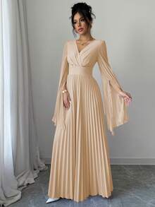 Elenzga V领褶裥开袖优雅浪漫女士连衣裙长款套装 - 卡其色 - 查看 3