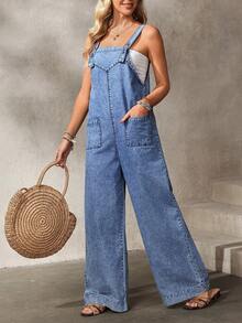 EMERY ROSE Women's Casual Everyday Loose Fit Denim Bib Overalls With Pockets, Summer - Blue - View 3