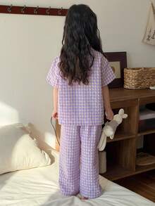 Dazy Kids 女童格子短袖睡裤套装，春夏款 - 紫色 - 查看 2