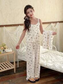 DAZY 少女卡通熊印花长袖睡袍、吊带背心和裤子睡衣套装 春季 - 杏色 - 查看 2