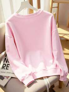 DrmWander Christmas Theme Graphic Print, High-Quality Pigment Dyed Holiday Pullover, Christmas Flower Round Neck Long Sleeve Fleece Sweatshirt - Pink - View 2