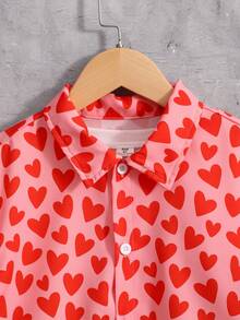 SHEIN Tween Boy Polo Collar Single-Breasted Heart Print Casual Versatile Short Sleeve Shirt - Multicolor - View 4