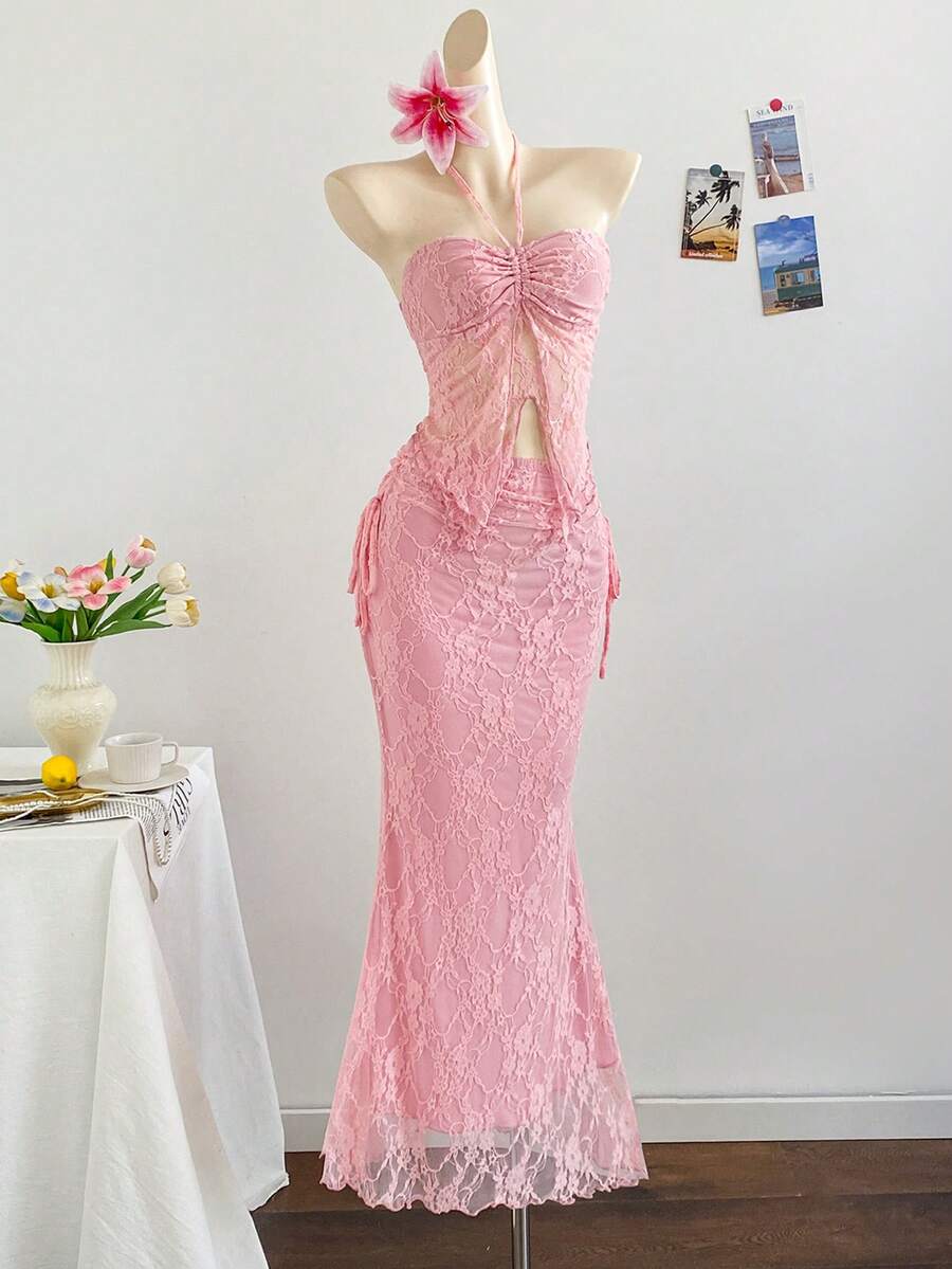 Soleia New Vacation Western Beach Wedding Guest Attire, Graduation Brunch, St. Patrick's Day, Spring Break, Easter, Music Festival, Elegant Bohemian Tropical Strapless Sleeveless Mesh Crop Top And Pleated Skirt 2-Piece Set - Pink - View 1