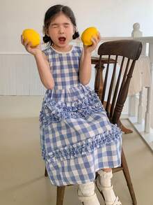 DAZY Young Girl Plaid Round Neck Layered Frill Trim Casual Sleeveless Dress - Blue - View 1