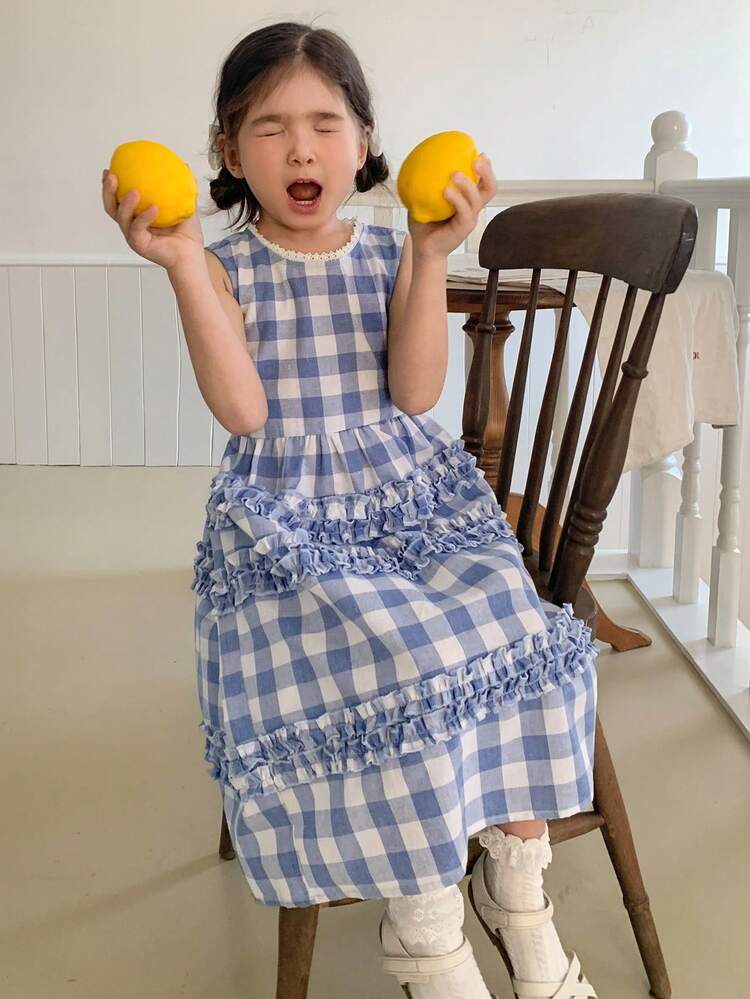 Young Girl Plaid Round Neck Layered Frill Trim Casual Sleeveless Dress Summer