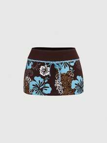 ROMWE Retro Plaid Sunflower Contrast Color Super Low Waist Mini Skirt, Suitable For Beach Vacation - Coffee Brown - View 1