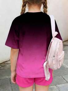 2pcs/Set Ombre Pink Cartoon Girl Graphic Tee And Shorts, Casual K-Pop Inspired Summer Outfit For Tweens - Multicolor - View 2
