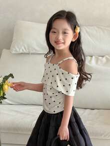 DAZY 女童夏季休闲度假波点印花翻领露肩褶皱修身T恤 - 米色 - 查看 4