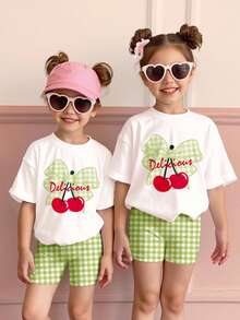 可爱樱桃绿格子图案女婴休闲简约圆领短袖T恤和紧身短裤套装，适合夏季度假 - 彩色 - 查看 6