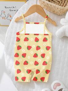 奶油黄，可爱草莓花卉图案，女婴休闲连体衣，适合春夏休闲度假，适合居家、外出、野餐、假日穿着。 - 彩色 - 查看 2