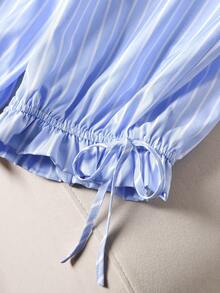 CosyJoli Plus Size Blue Striped Casual Cropped Parachute Pants With Pocket For Women - Blue - View 6