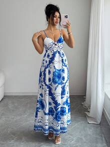 Elenzga Spaghetti Strap Deep V-Neck Twist Design Flared Dress, Blue, Vacation/Bohemian Style - Blue and White - View 7
