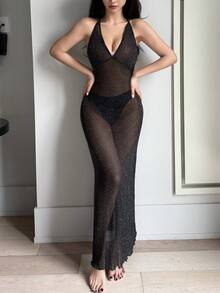 DAZY 女士银色薄纱混纺网眼深V领露背性感睡裙内衣 - 黑色 - 查看 7