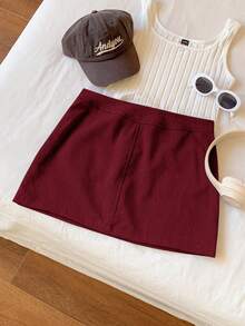 Comfortcana Summer Going Out Low Waist Solid Straight Grey Mini Skirt - Burgundy - View 2