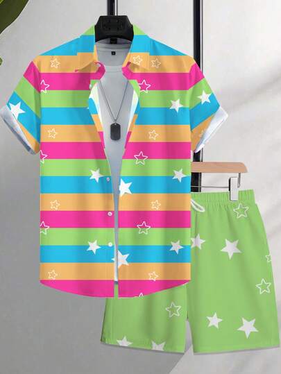 Manfinity Joysei 男士夏季休闲沙滩度假撞色条纹星形印花短袖衬衫和抽绳腰短裤套装
