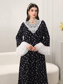 Yasmyna Women's Black Woven Floral Print Long Sleeve Ruffle Collar Elegant Arabic Dress, Spring/Summer - Black - View 1