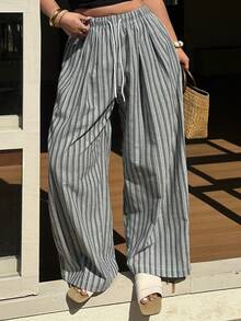 Dazy Plus 大码女式抽绳腰条纹阔腿宽松休闲裤 - 淺灰色 - 查看 7