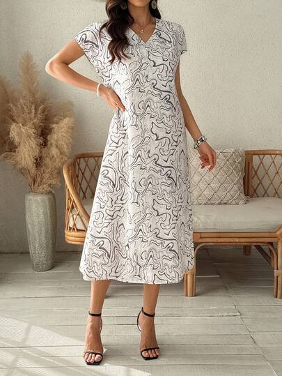 Vivie Lora Women's V-Neck Loose Fit Mid-Length Dress