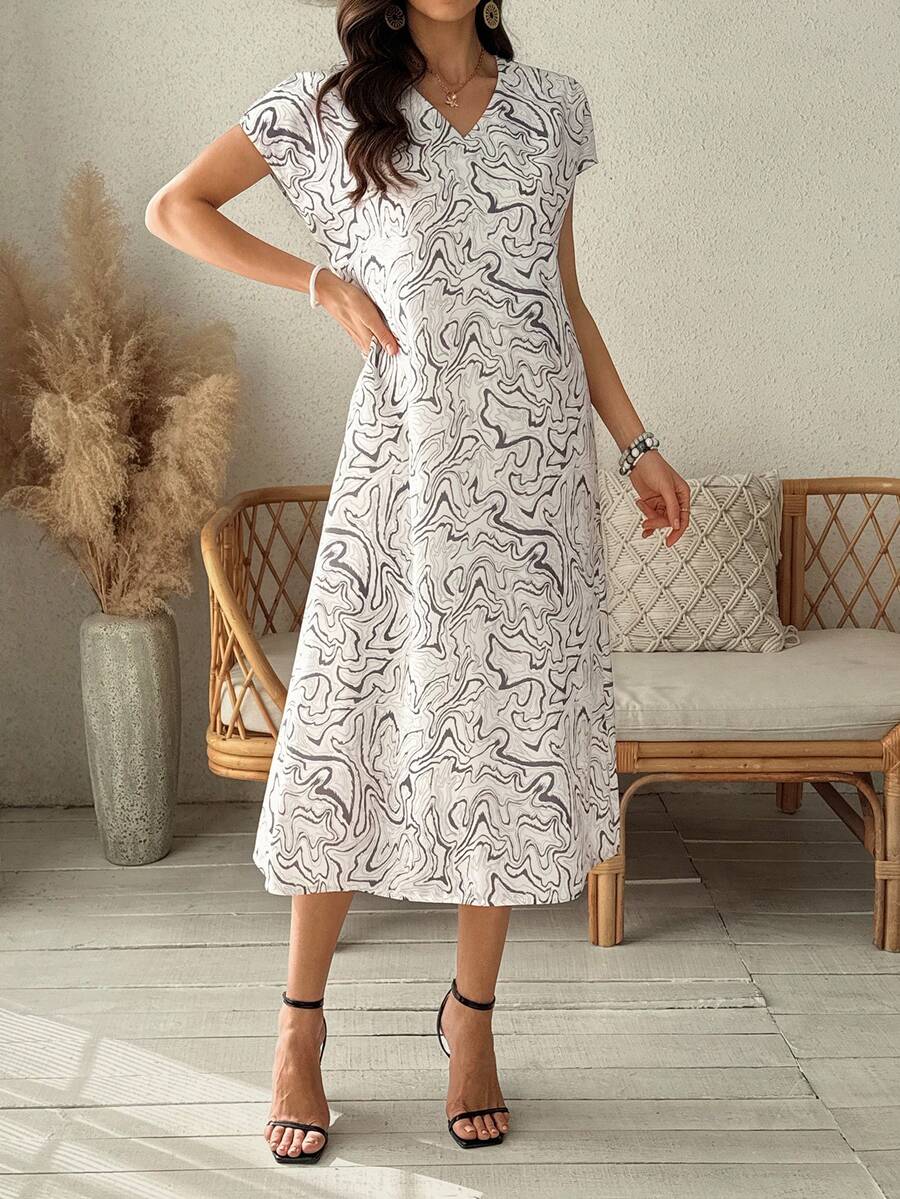 Vivie Lora Women's V-Neck Loose Fit Mid-Length Dress - Grey - View 1