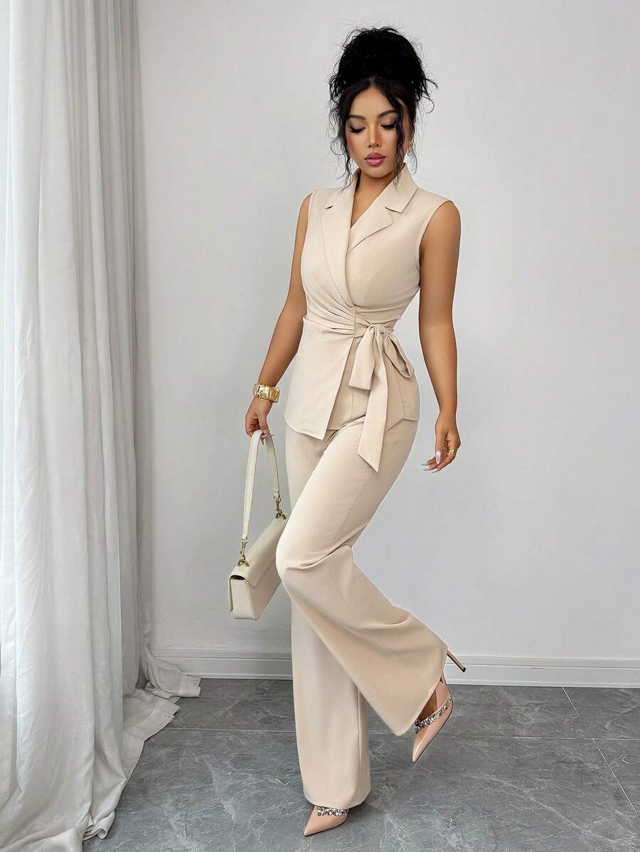 Selianne Elegant Romantic Vacation & Office Bow Tie Blazer Suit Set For Women - Apricot - View 1