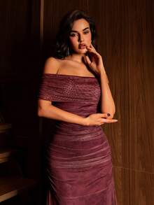 Modelyn Women's Burgundy Mesh Floral Print Off-Shoulder Ruched Waist Elegant Wedding/Occasion Dress - Burgundy - View 5