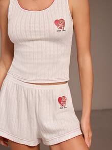 Muvela 2026春夏新款白色可调节松紧腰小熊印花荷叶边撞色可爱休闲短裤，时尚优雅，适合狂欢节派对，复古英伦风 - 白色 - 查看 10