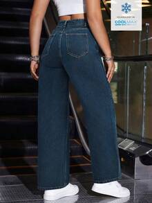 Jeanoix Quần jeans ống rộng nữ có túi và cúc, kiểu dáng thường ngày, đa năng. - Màu xanh lam - Xem 2