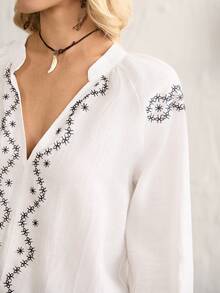 Florisole Women's Solid Color Mandarin Collar Shirred Raglan Sleeve Embroidered Cuff Loose White Blouse, Elegant Vintage French Style For Office, Casual, Vacation, Afternoon Tea, Street, Simple & Versatile, Spring/Summer New - White - View 1