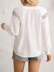Florisole Women's Solid Color Mandarin Collar Shirred Raglan Sleeve Embroidered Cuff Loose White Blouse, Elegant Vintage French Style For Office, Casual, Vacation, Afternoon Tea, Street, Simple & Versatile, Spring/Summer New - White - View 5