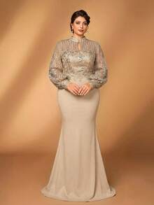 Serin Plus Size Elegant Romantic Champagne Water Drop Collar Puff Sleeve Luxury Sequin Patchwork Knit Waist Applique Mermaid Hem Dress, Suitable For Wedding, Party, Celebration, Mother Of The Bride Gown - Champagne - View 5