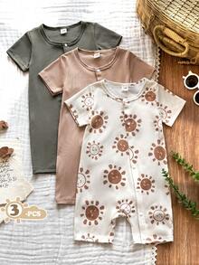 SHEIN Vintaside Kids 3件套新生男宝宝休闲条纹印花连体衣，春夏款 - 彩色 - 查看 1